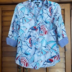 Chaps No-Iron 3/4 Sleeve Umbrella Print Top Size S